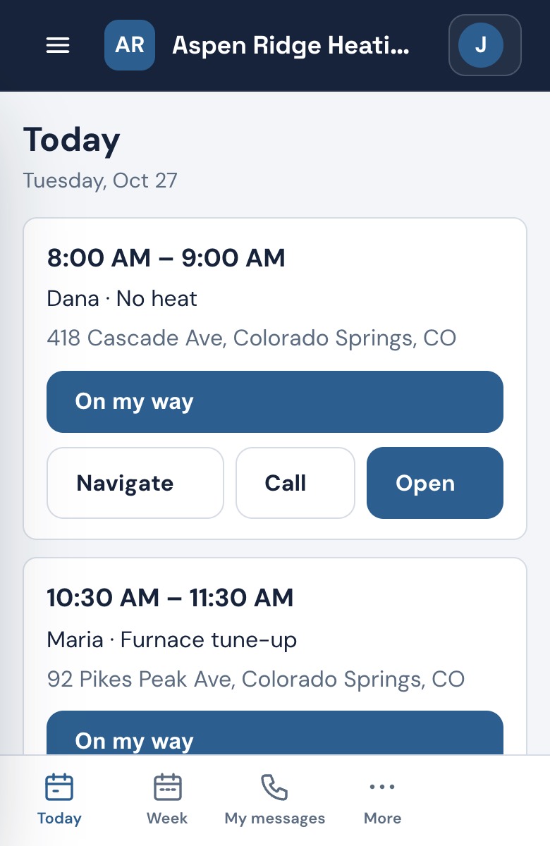 A tech's job screen in the Forge field app